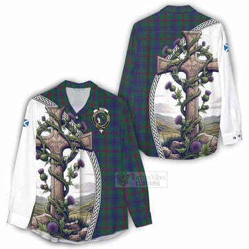 Laurie Tartan Women's Casual Shirt with Family Crest and St. Andrew's Cross Accented by Thistle Vines - Tartan Vibes Clothing