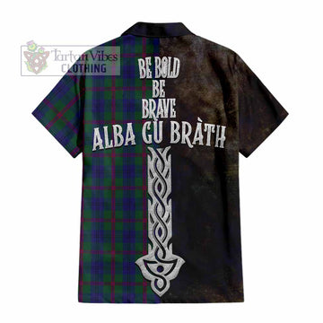 Tartan Vibes Clothing Laurie Tartan Family Crest Short Sleeve Button Shirt Alba Gu Brath Be Brave Lion Ancient Style