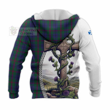 Laurie Tartan Knitted Hoodie with Family Crest and St. Andrew's Cross Accented by Thistle Vines - Tartan Vibes Clothing