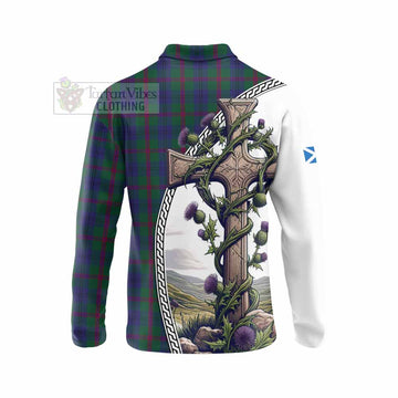 Laurie Tartan Long Sleeve Polo Shirt with Family Crest and St. Andrew's Cross Accented by Thistle Vines - Tartan Vibes Clothing