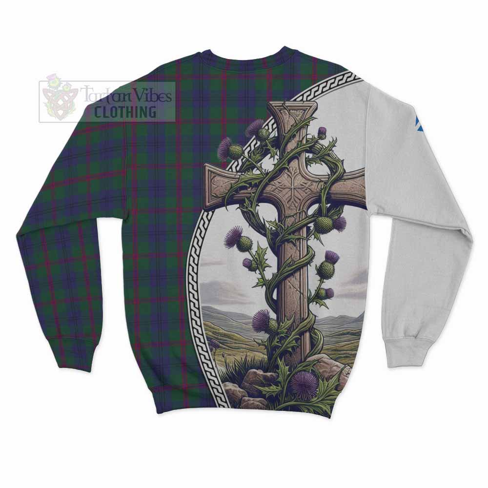 Laurie Tartan Sweatshirt with Family Crest and St. Andrew's Cross Accented by Thistle Vines - Tartan Vibes Clothing