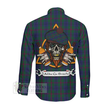 Laurie Tartan Long Sleeve Button Shirt with Family Crest and Bearded Skull Holding Bottles of Whiskey Men's Shirt - Tartan Vibes Clothing