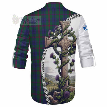 Laurie Tartan Ghillie Kilt Shirt with Family Crest and St. Andrew's Cross Accented by Thistle Vines - Tartan Vibes Clothing
