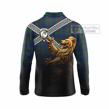 Laurie Crest Tartan Long Sleeve Polo Shirt with Golden Lion Emblem Celtic Style - Tartan Vibes Clothing