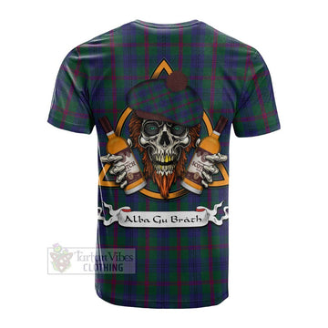 Laurie Tartan Cotton T-shirt with Family Crest and Bearded Skull Holding Bottles of Whiskey - Tartan Vibes Clothing