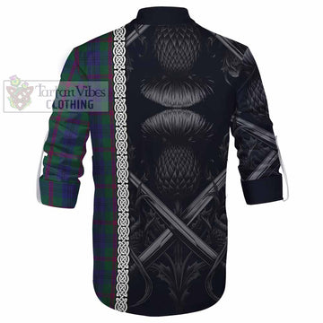 Laurie Tartan Ghillie Kilt Shirt with Family Crest Cross Sword Thistle Celtic Vibes - Tartan Vibes Clothing