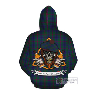 Laurie Tartan Cotton Hoodie with Family Crest and Bearded Skull Holding Bottles of Whiskey Pullover Hoodie - Tartan Vibes Clothing