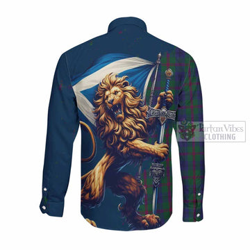 Laurie Tartan Family Crest Long Sleeve Button Shirt with Scottish Majestic Lion Men's Shirt - Tartan Vibes Clothing