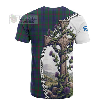 Laurie Tartan Cotton T-shirt with Family Crest and St. Andrew's Cross Accented by Thistle Vines - Tartan Vibes Clothing