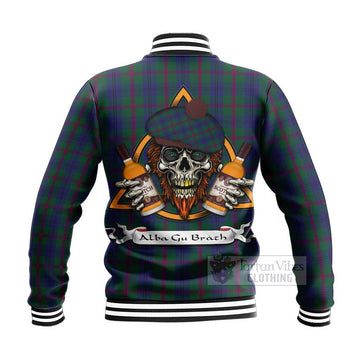 Laurie Tartan Baseball Jacket with Family Crest and Bearded Skull Holding Bottles of Whiskey - Tartan Vibes Clothing