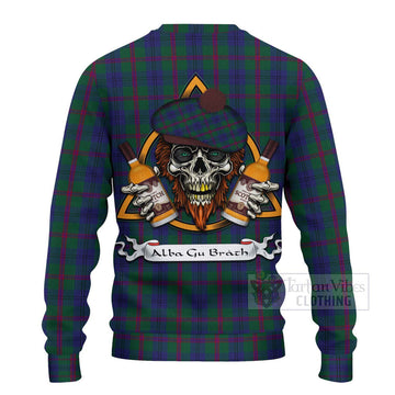 Laurie Tartan Ugly Sweater with Family Crest and Bearded Skull Holding Bottles of Whiskey - Tartan Vibes Clothing