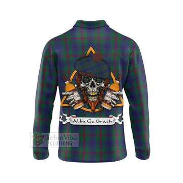 Laurie Tartan Long Sleeve Polo Shirt with Family Crest and Bearded Skull Holding Bottles of Whiskey - Tartan Vibes Clothing