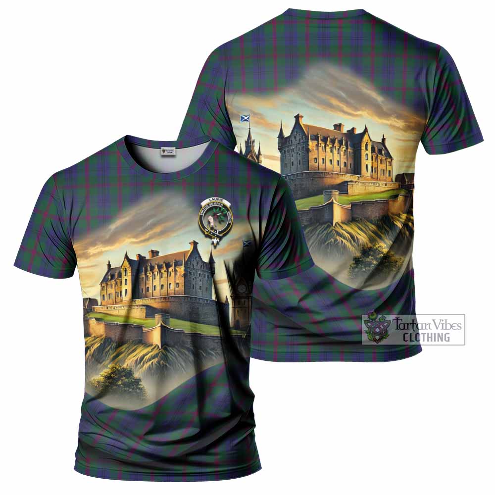 Laurie Tartan Family Crest T-Shirt with Scottish Ancient Castle Style - Tartan Vibes Clothing
