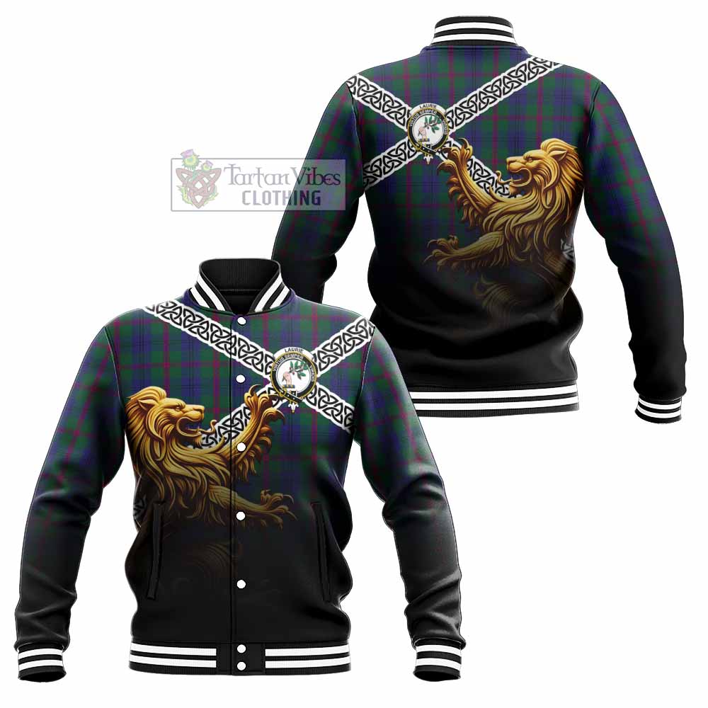 Tartan Vibes Clothing Laurie Crest Tartan Baseball Jacket with Golden Lion Emblem Celtic Style