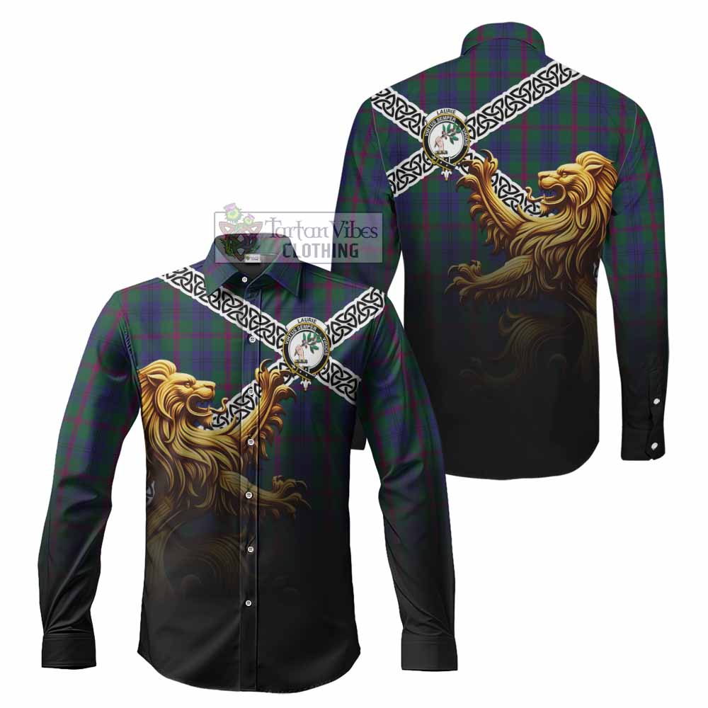 Laurie Crest Tartan Long Sleeve Button Shirt with Golden Lion Emblem Celtic Style - Tartan Vibes Clothing