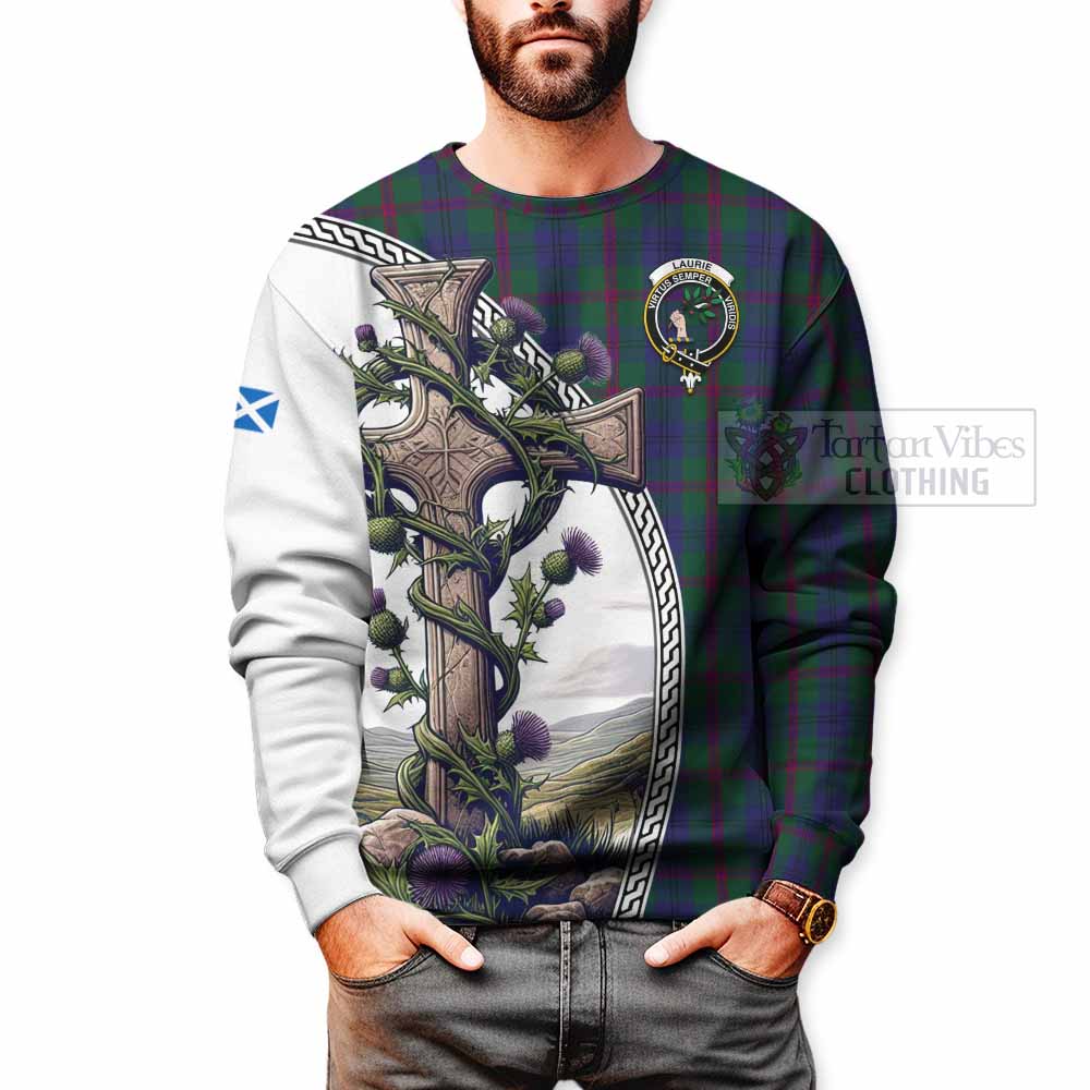 Laurie Tartan Sweatshirt with Family Crest and St. Andrew's Cross Accented by Thistle Vines - Tartan Vibes Clothing
