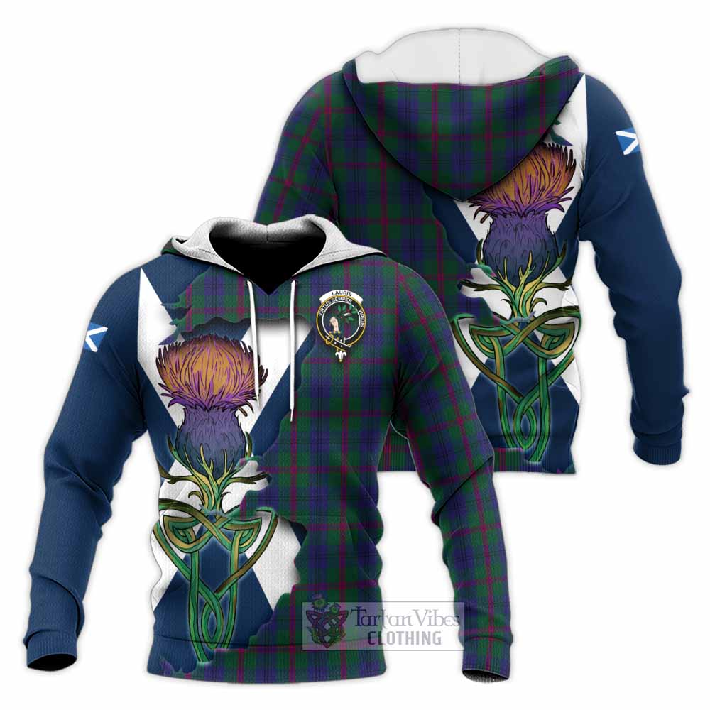 Tartan Vibes Clothing Laurie Tartan Family Crest Knitted Hoodie Scottish Thistle Celtic Inspired