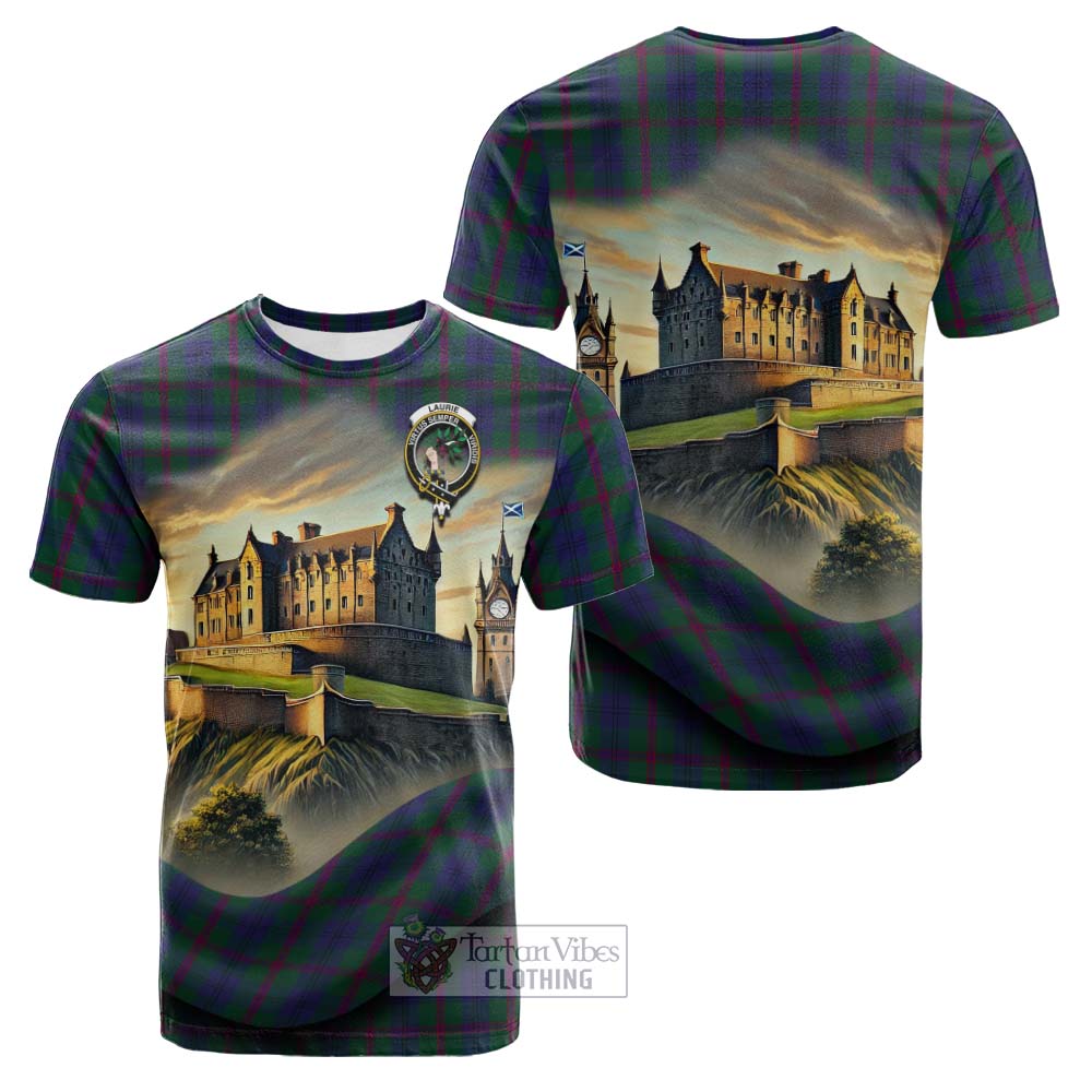 Laurie Tartan Family Crest Cotton T-shirt with Scottish Ancient Castle Style - Tartan Vibes Clothing