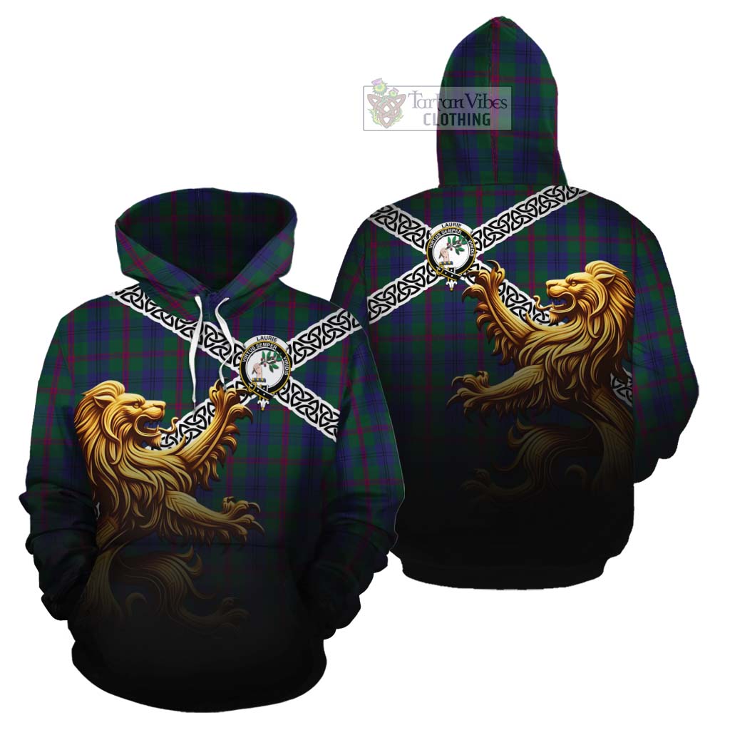 Laurie Crest Tartan Cotton Hoodie with Golden Lion Emblem Celtic Style - Tartan Vibes Clothing