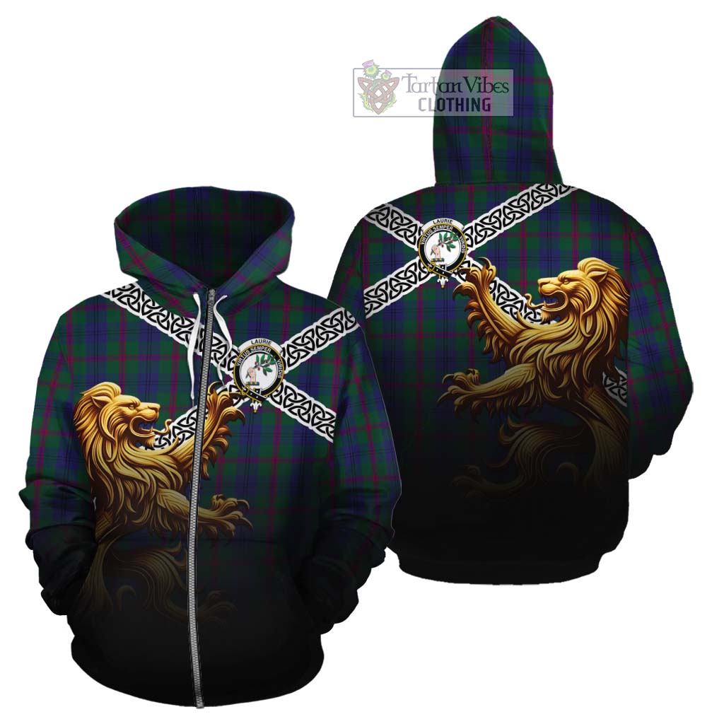 Laurie Crest Tartan Cotton Hoodie with Golden Lion Emblem Celtic Style Zip Hoodie - Tartan Vibes Clothing