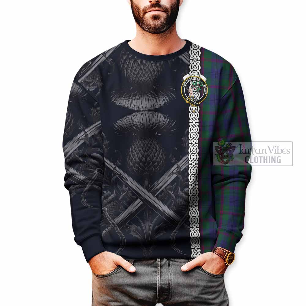 Laurie Tartan Sweatshirt with Family Crest Cross Sword Thistle Celtic Vibes - Tartan Vibes Clothing