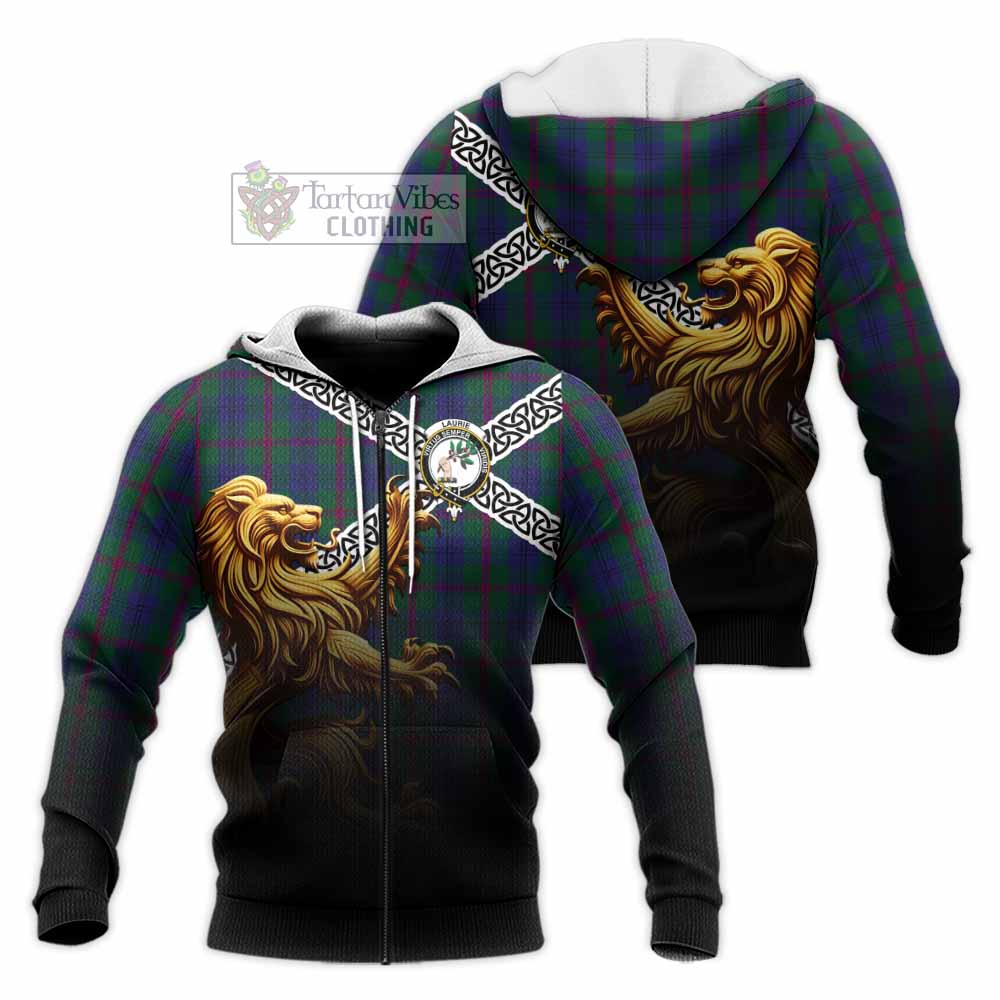 Laurie Crest Tartan Knitted Hoodie with Golden Lion Emblem Celtic Style Unisex Knitted Zip Hoodie - Tartan Vibes Clothing