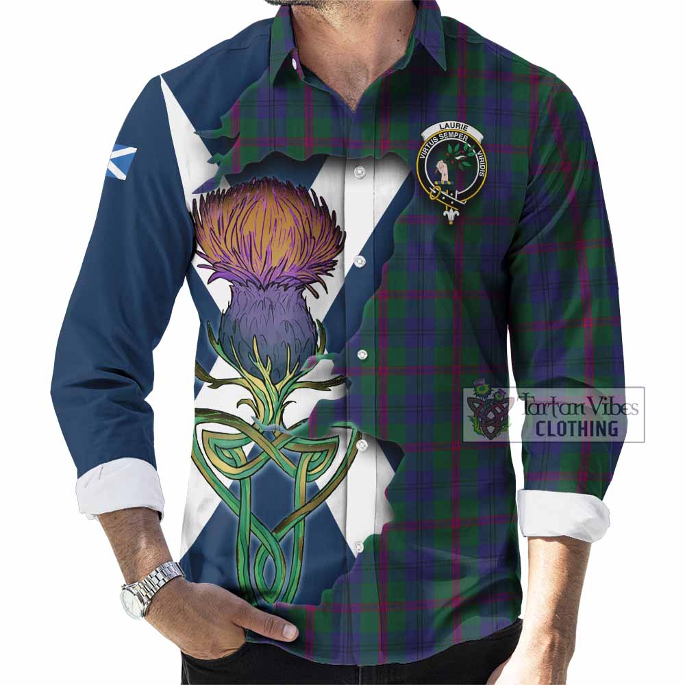 Laurie Tartan Family Crest Long Sleeve Button Shirt Scottish Thistle Celtic Inspired - Tartan Vibes Clothing