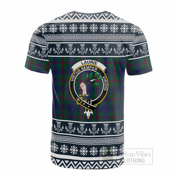 Laurie Clan Tartan Christmas Cotton T-shirt with Family Crest