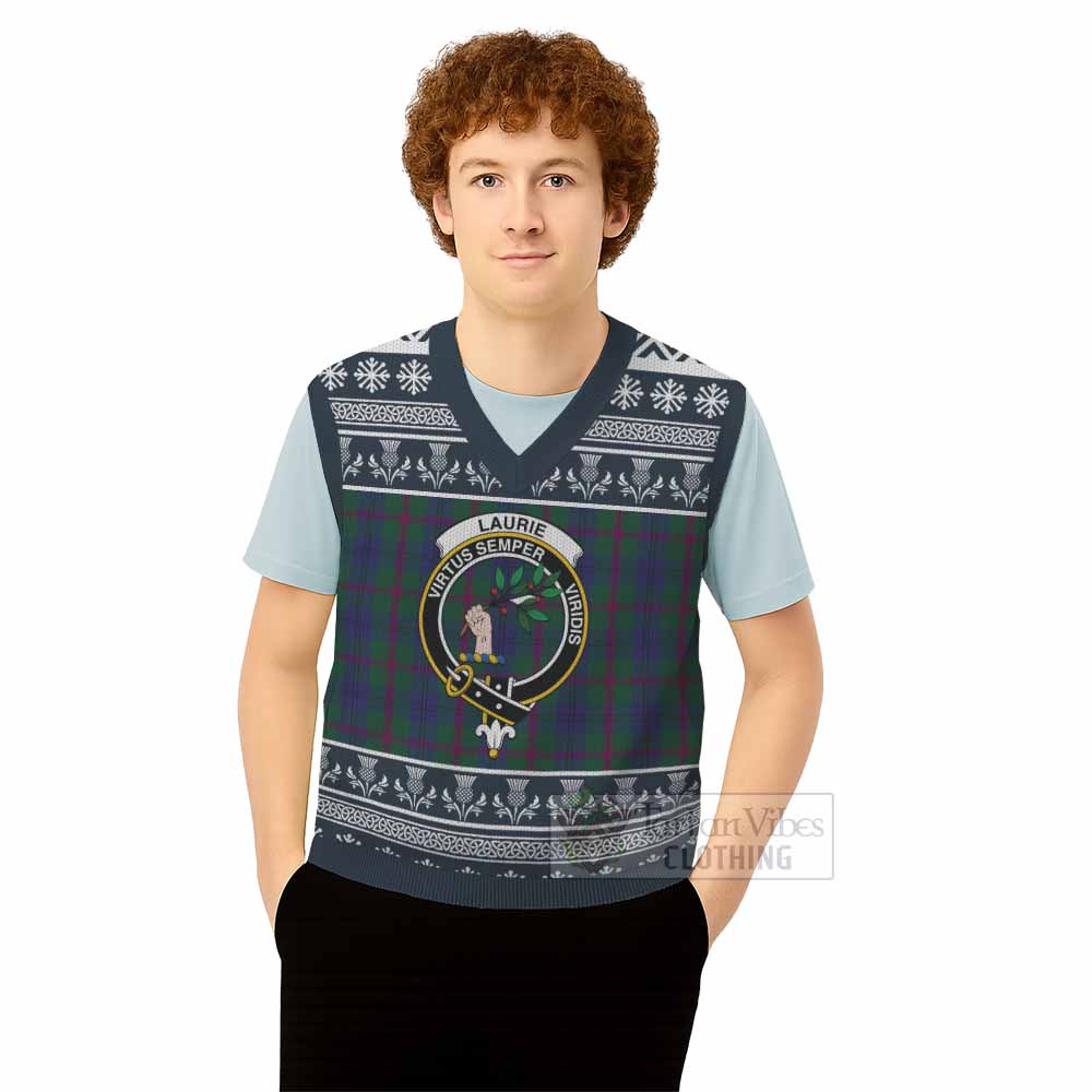 Laurie Clan Tartan Christmas Knitted V-Neck Vest with Family Crest - Tartan Vibes Clothing