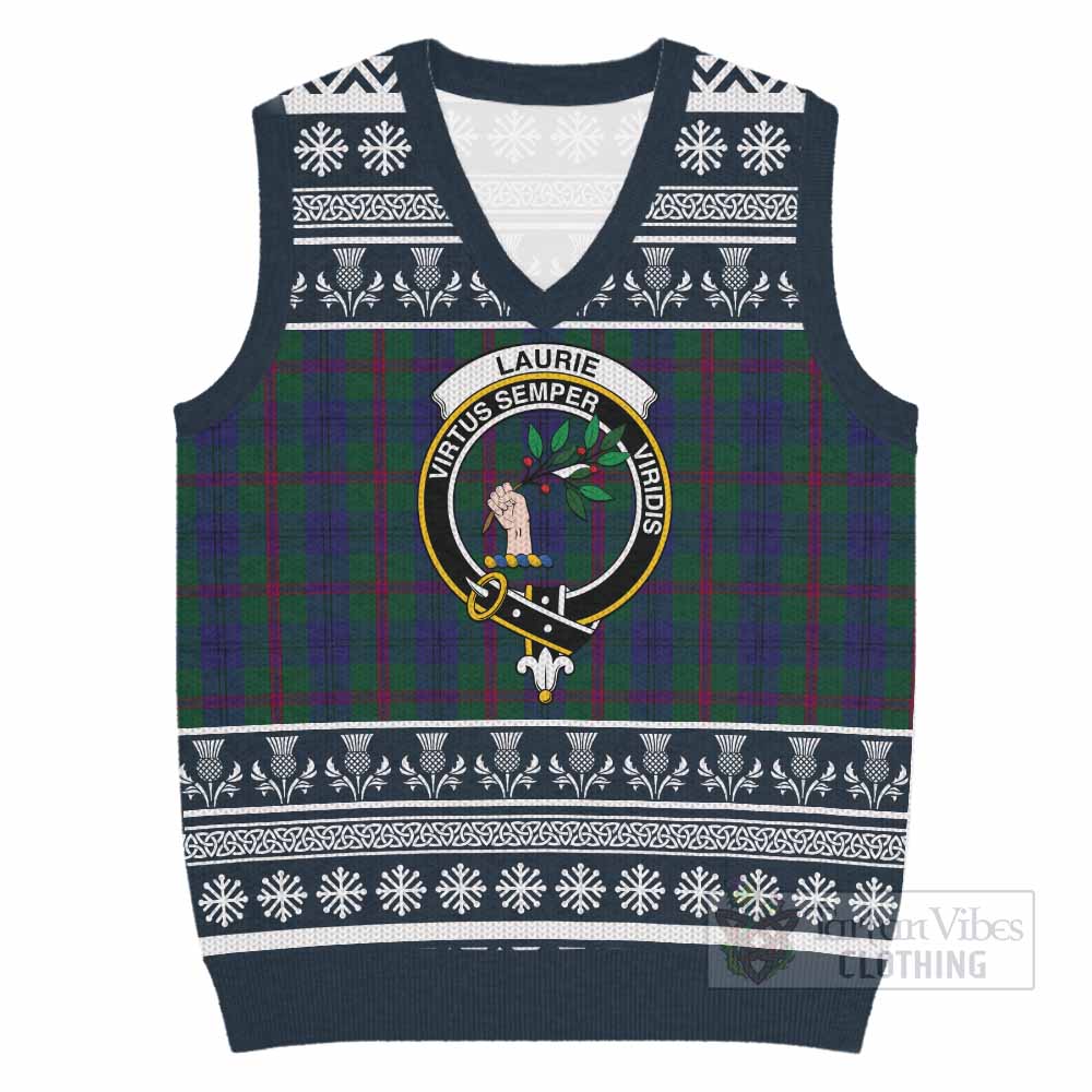 Laurie Clan Tartan Christmas Knitted V-Neck Vest with Family Crest - Tartan Vibes Clothing