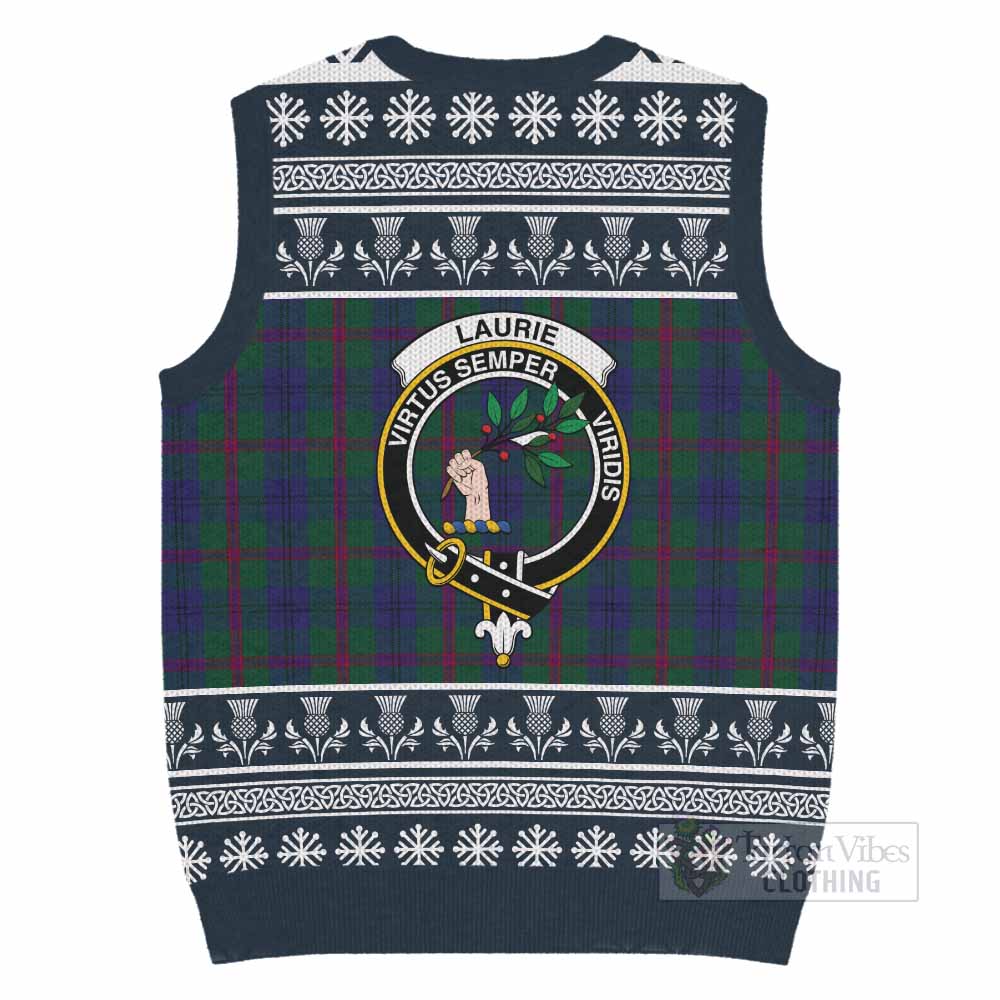 Laurie Clan Tartan Christmas Knitted V-Neck Vest with Family Crest - Tartan Vibes Clothing