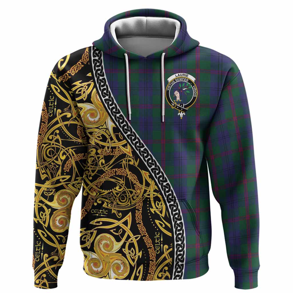 Laurie Tartan Crest Hoodie Celtic Knot and Triple Trickle Spiral Symbols