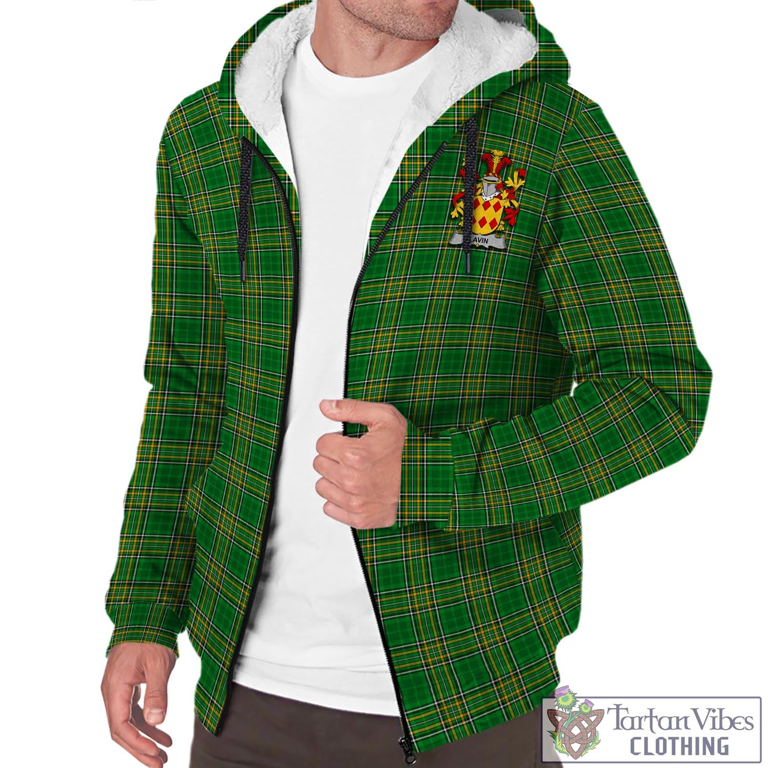 Tartan Vibes Clothing Lavin Ireland Clan Tartan Sherpa Hoodie with Coat of Arms