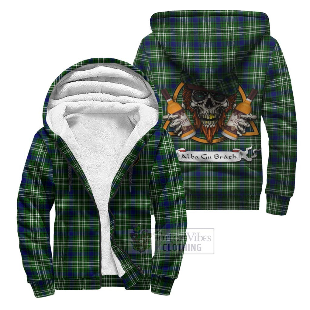 Tartan Vibes Clothing Learmonth Tartan Sherpa Hoodie with Family Crest and Bearded Skull Holding Bottles of Whiskey
