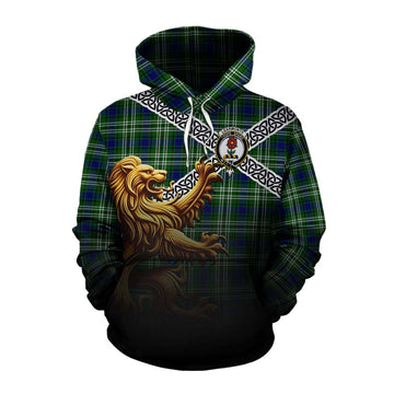 Learmonth Crest Tartan Cotton Hoodie with Golden Lion Emblem Celtic Style