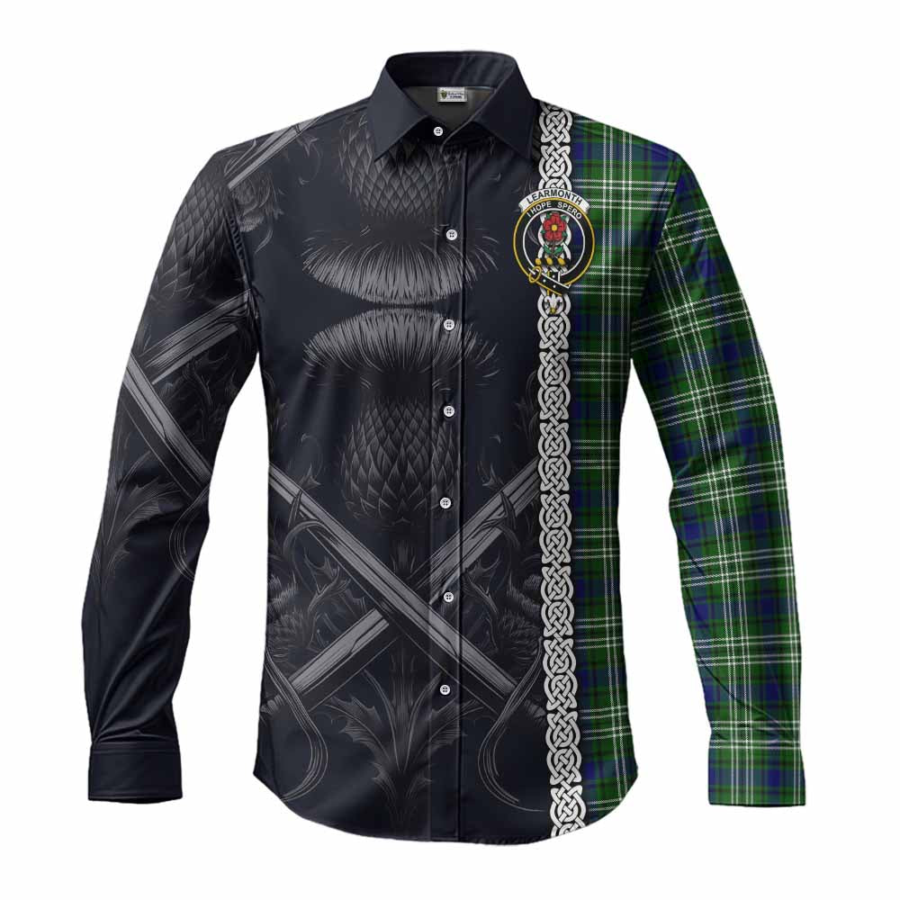 Tartan Vibes Clothing Learmonth Tartan Long Sleeve Button Shirt with Family Crest Cross Sword Thistle Celtic Vibes