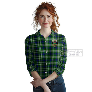 Tartan Vibes Clothing Learmonth Tartan Women's Casual Shirt with Family Crest and Bearded Skull Holding Bottles of Whiskey