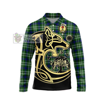 Learmonth Tartan Long Sleeve Polo Shirt with Family Crest Celtic Wolf Style Unisex - Tartanvibesclothing Shop