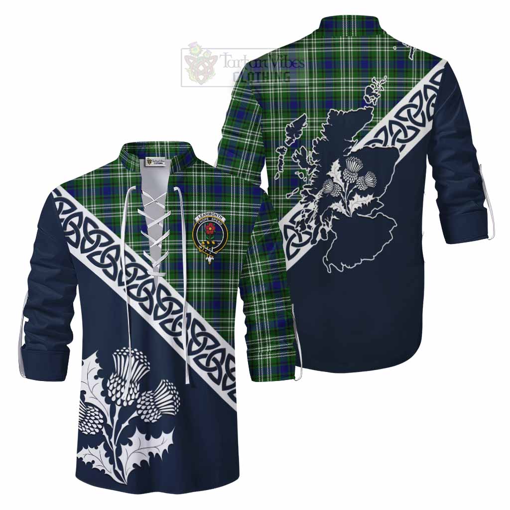 Tartan Vibes Clothing Learmonth Tartan Ghillie Kilt Shirt Featuring Thistle and Scotland Map