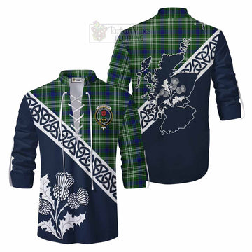 Tartan Vibes Clothing Learmonth Tartan Ghillie Kilt Shirt Featuring Thistle and Scotland Map