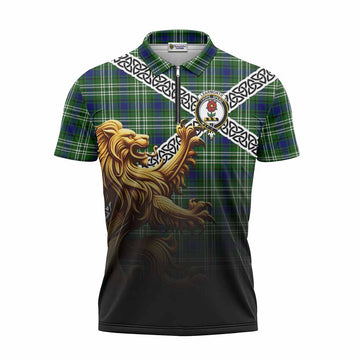 Learmonth Crest Tartan Zipper Polo Shirt with Golden Lion Emblem Celtic Style