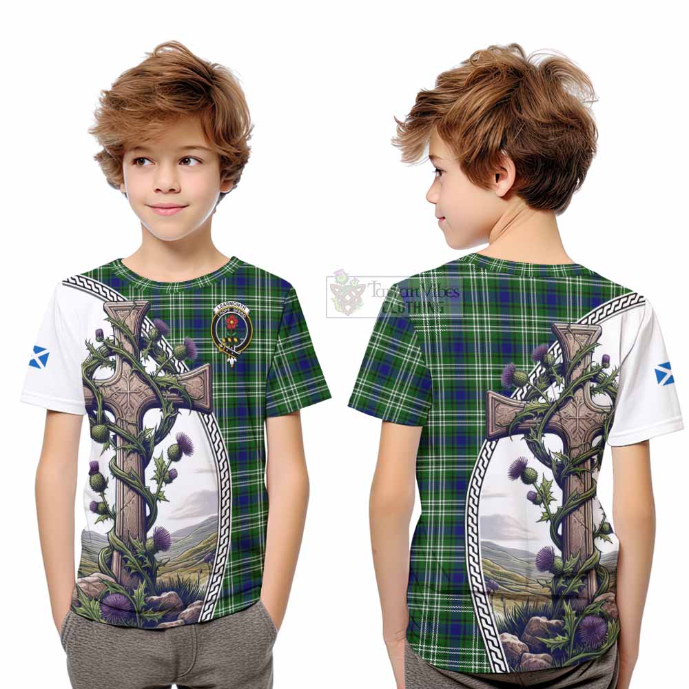 Tartan Vibes Clothing Learmonth Tartan Kid T-Shirt with Family Crest and St. Andrew's Cross Accented by Thistle Vines