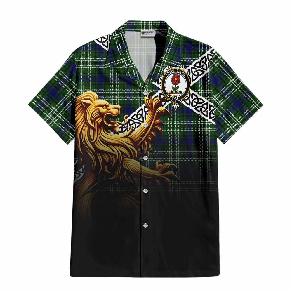 Tartan Vibes Clothing Learmonth Crest Tartan Short Sleeve Button Shirt with Golden Lion Emblem Celtic Style