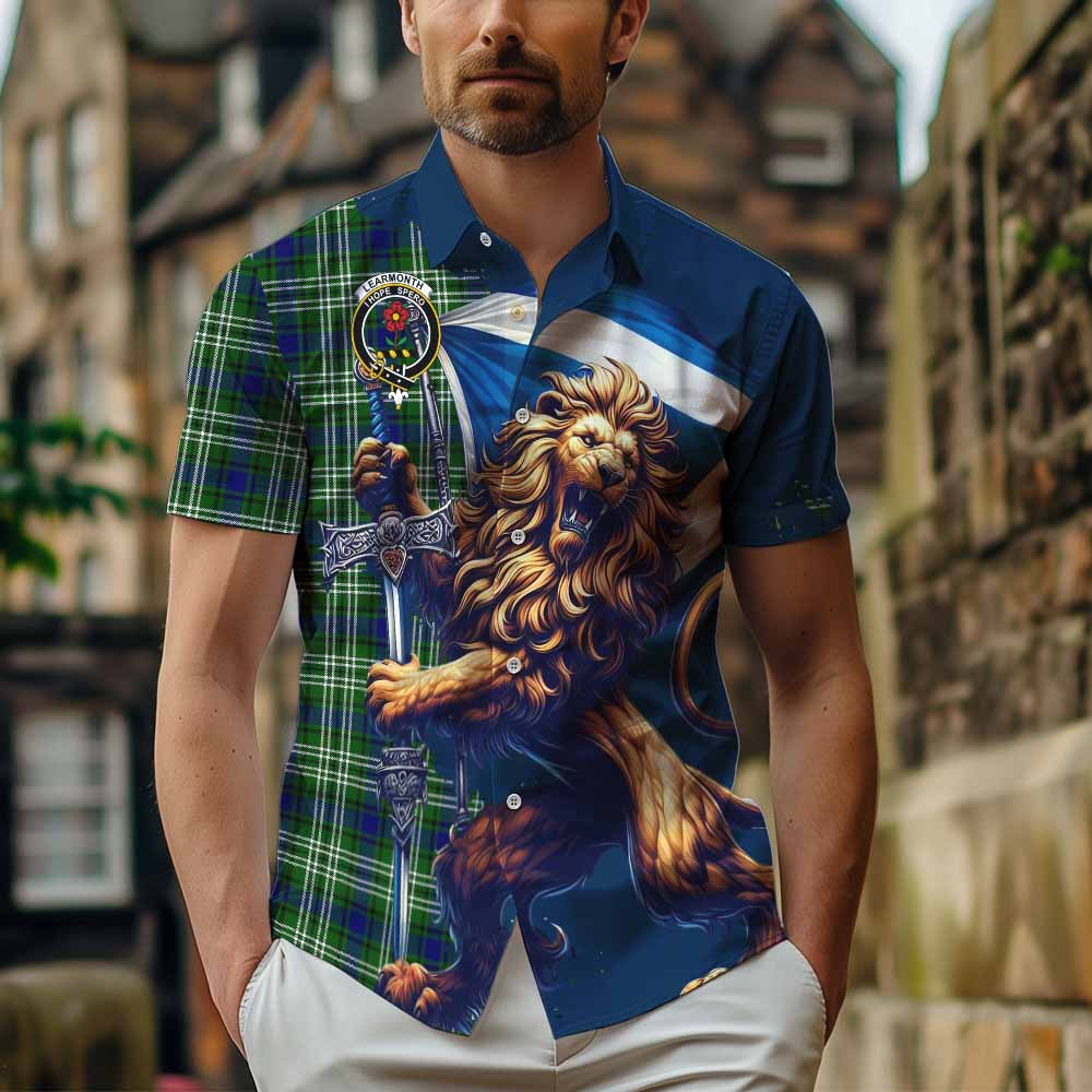 Tartan Vibes Clothing Learmonth Tartan Family Crest Short Sleeve Button Shirt with Scottish Majestic Lion
