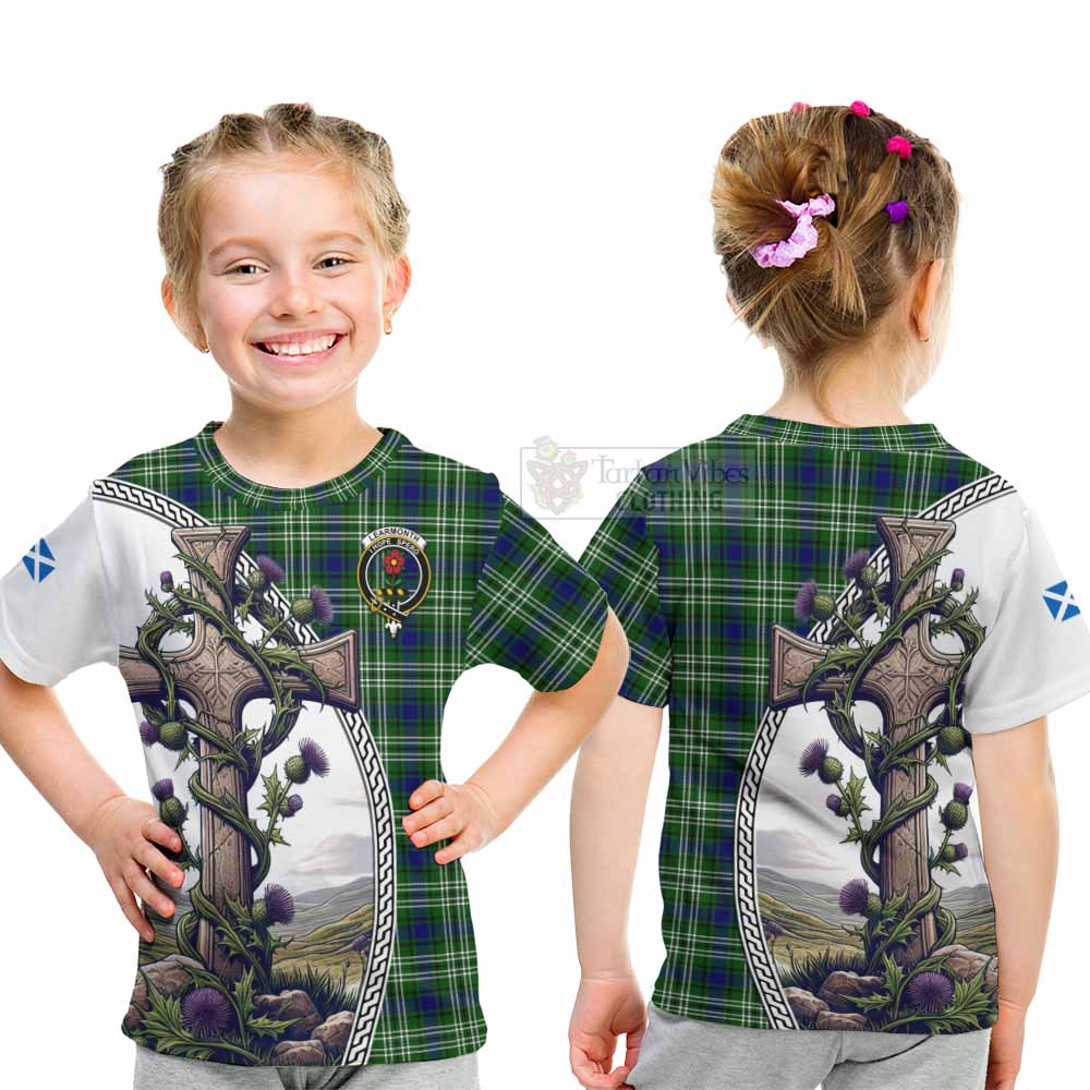Tartan Vibes Clothing Learmonth Tartan Kid T-Shirt with Family Crest and St. Andrew's Cross Accented by Thistle Vines