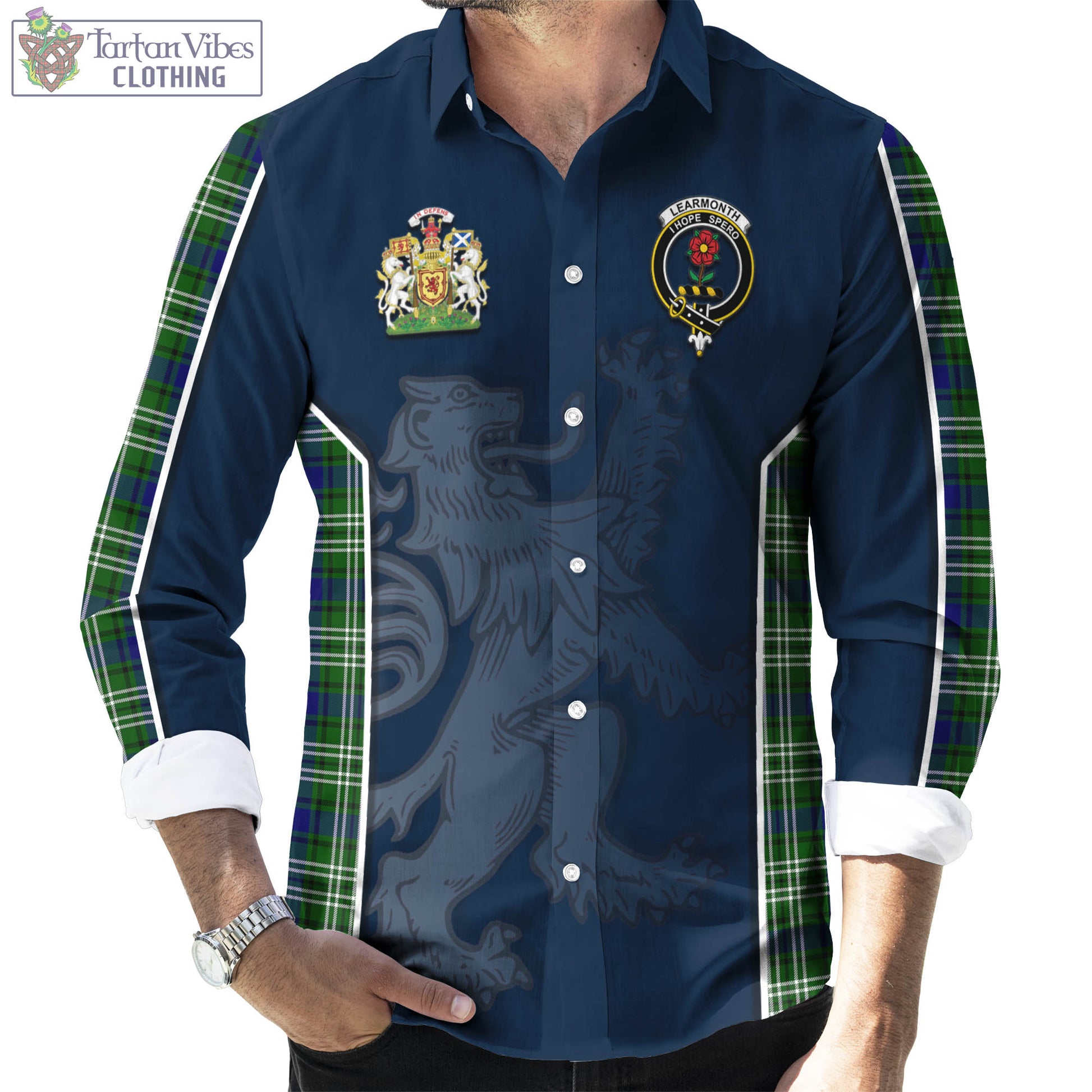 Tartan Vibes Clothing Learmonth Tartan Long Sleeve Button Up Shirt with Family Crest and Lion Rampant Vibes Sport Style
