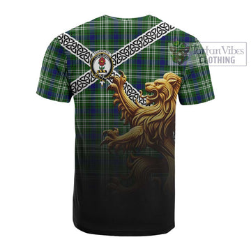 Learmonth Crest Tartan Cotton T-shirt with Golden Lion Emblem Celtic Style