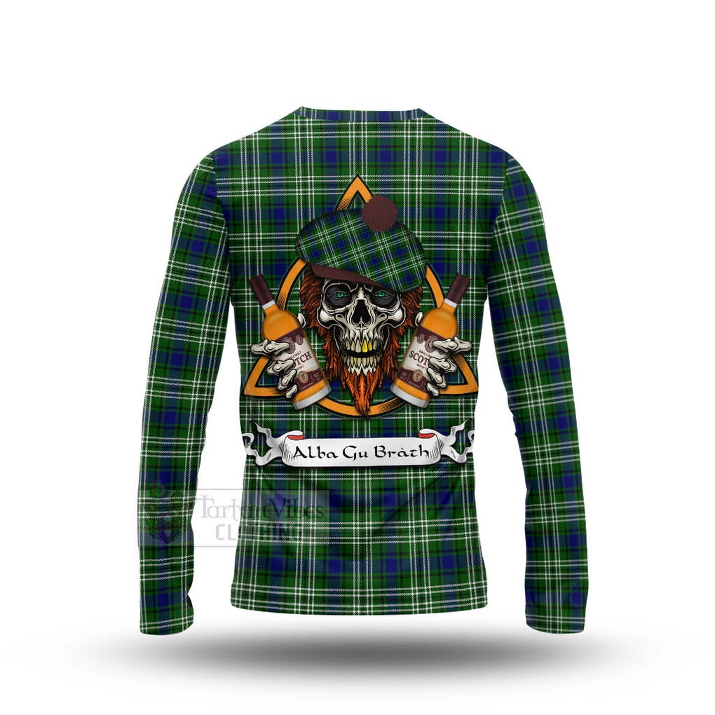 Tartan Vibes Clothing Learmonth Tartan Long Sleeve T-Shirt with Family Crest and Bearded Skull Holding Bottles of Whiskey
