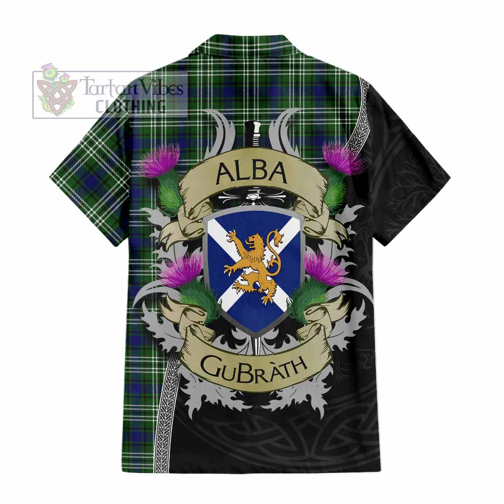 Tartan Vibes Clothing Learmonth Tartan Family Crest Short Sleeve Button Shirt Lion Rampant Royal Thistle Shield Celtic Inspired