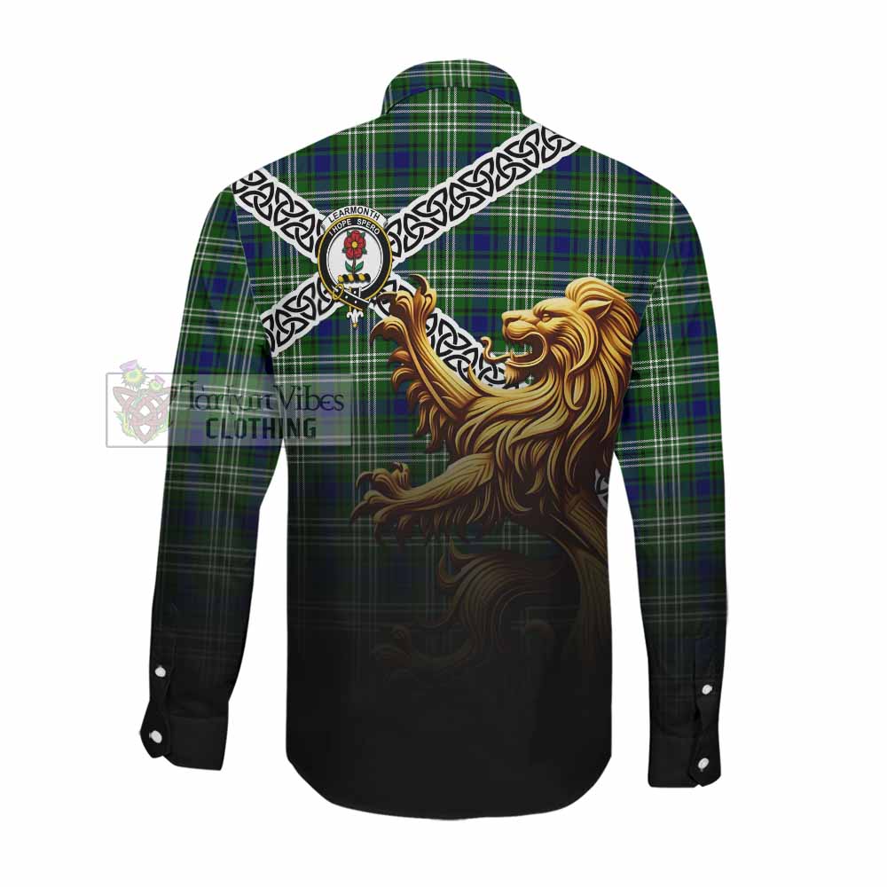 Tartan Vibes Clothing Learmonth Crest Tartan Long Sleeve Button Shirt with Golden Lion Emblem Celtic Style